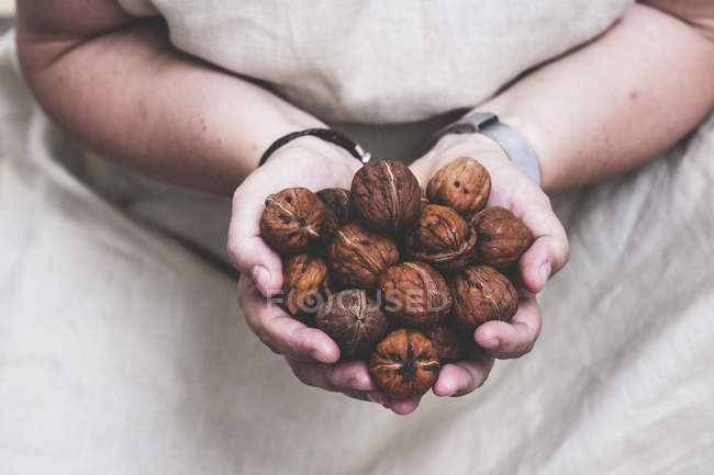 Крупним планом людина тримає свіжі волоські горіхи в руках . — стокове фото