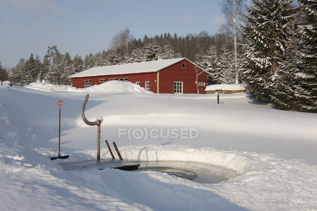 Agujero de hielo en el campo con granja en bosques invernales, Estonia - foto de stock