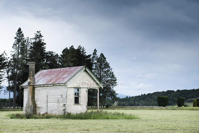 Abandoned house in field under cloudy sky in wooded countryside — Stock Photo