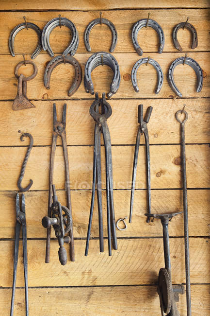 Hanging horseshoes and tools on wooden wall in blacksmith shop — Stock Photo