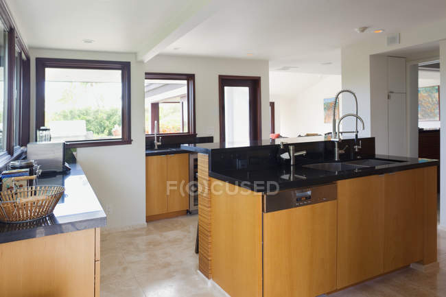 Contemporary kitchen interior with modern sink and doors — Stock Photo