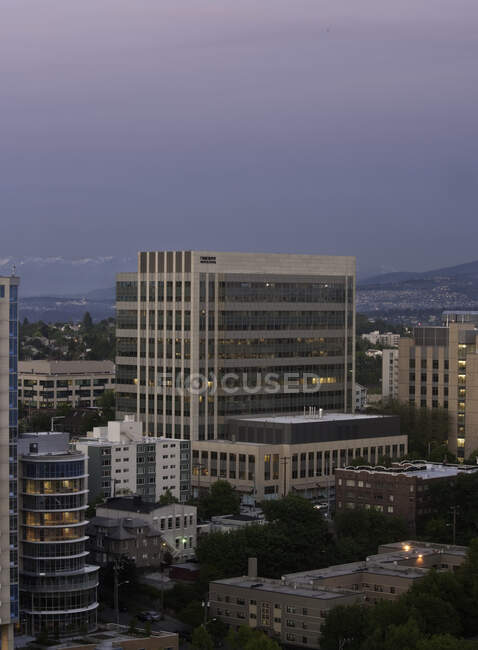 Vista elevada de edificios de varias plantas de un centro de la ciudad al atardecer - foto de stock