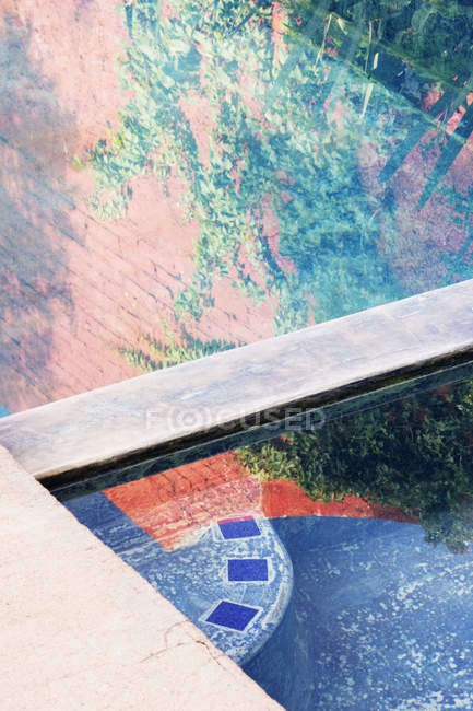 Dettaglio vasca idromassaggio con riflesso fogliame albero in hotel — Foto stock