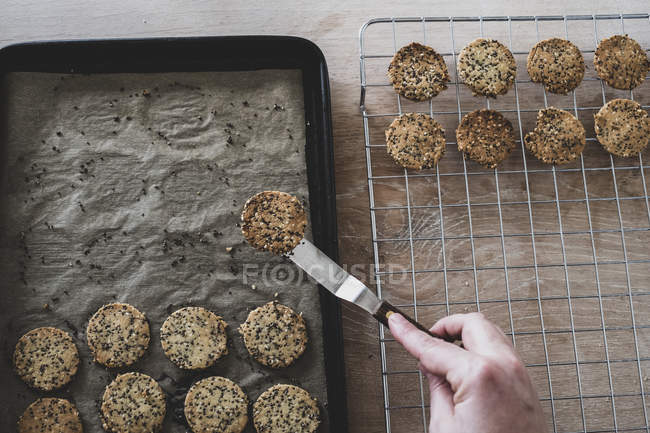 High angle view of person hand removing freshly baked seeded crackers from baking tray to cooling rack. — Stock Photo