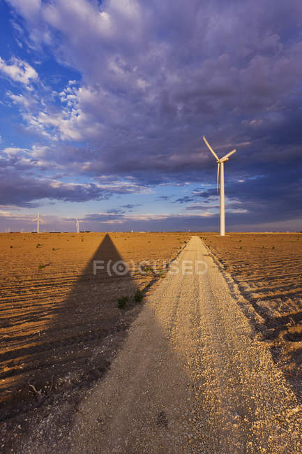Вітрові турбіни в заміському полі під хмарним пейзажем — стокове фото