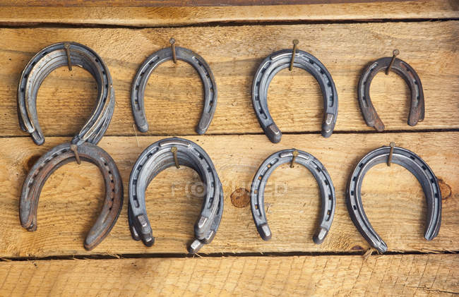 Hanging horseshoes on wooden wall in blacksmith shop — Stock Photo
