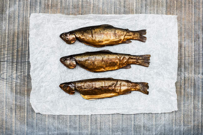 High angle close-up of three fresh smoked whole trouts on white paper. — Stock Photo