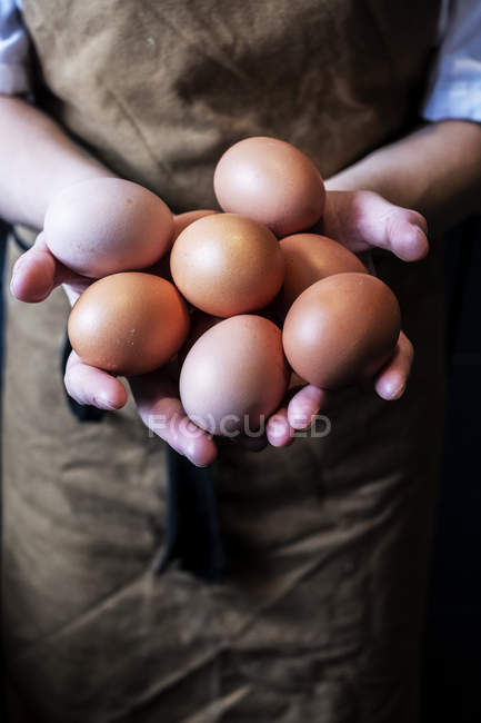 Close-up of hands of woman wearing apron holding fresh brown chicken eggs. — Stock Photo