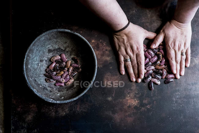 Hochwinkelaufnahme weiblicher Hände, die lila gesprenkelte Bohnen in eine Schüssel auf einem Holztisch sortieren. — Stockfoto
