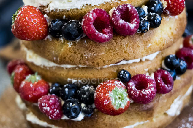 Крупним планом свіжоспечений губний торт, викладений свіжим вершками та свіжими фруктами . — стокове фото