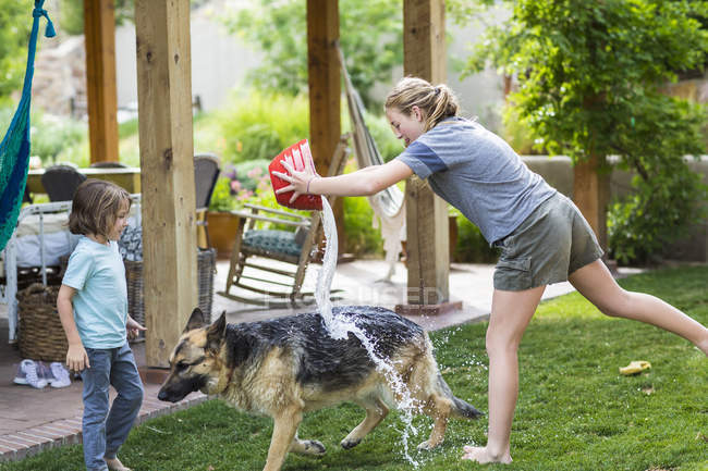 Menina adolescente loira com irmão cão de lavar no gramado verde . — Fotografia de Stock