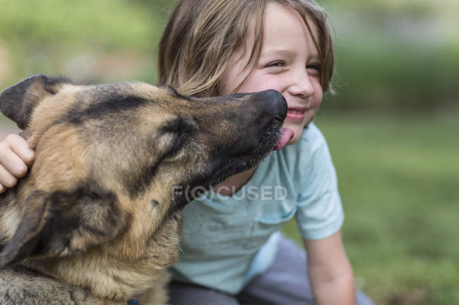 Menino sendo beijado por cão pastor alemão ao ar livre . — Fotografia de Stock