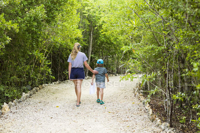 Vue arrière de soeur adolescente et petit frère marchant sur le sentier de la nature . — Photo de stock