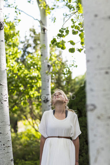 Loira adolescente menina relaxante em aspen árvore floresta . — Fotografia de Stock