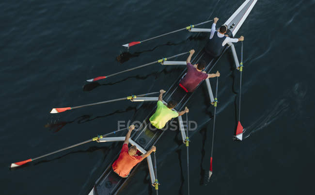 Vista de ángulo alto de corredores irreconocibles de la tripulación masculina, Lake Union, Seattle, Washington - foto de stock