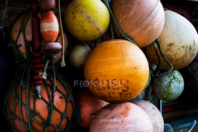 Close-up of round plastic fishing buoys. — Stock Photo