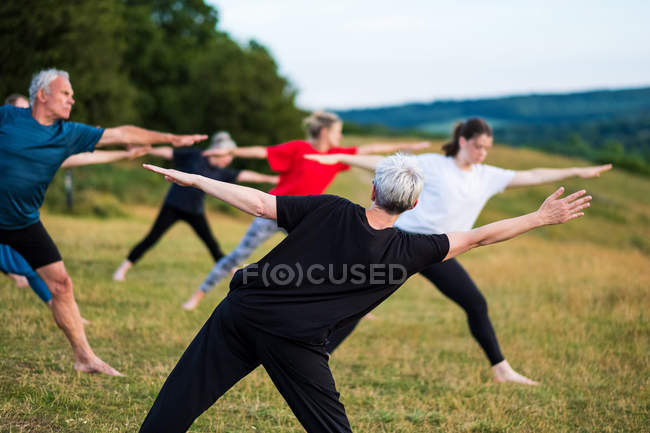 Gruppe von Frauen und Männern nimmt an einem Yoga-Kurs im Freien am Hang teil. — Stockfoto