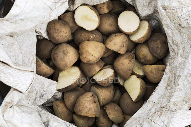 Primer plano en ángulo alto del saco de patatas cortadas para plantar en primavera . - foto de stock