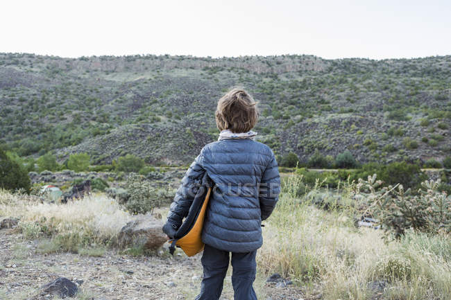 Visão traseira do menino idade elementar segurando cadeira de acampamento dobrado e olhando para canyon — Fotografia de Stock