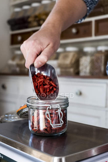 Close-up of hand of person weighing Goji berries in glass jar on kitchen scales. — Stock Photo