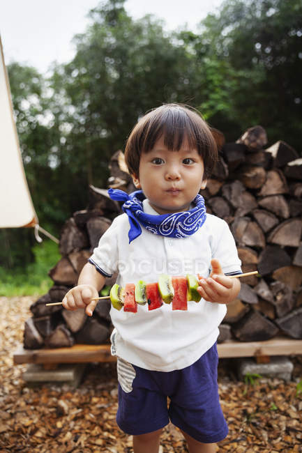Portrait de garçon japonais tenant une brochette avec kiwi frais et melon, regardant à la caméra . — Photo de stock