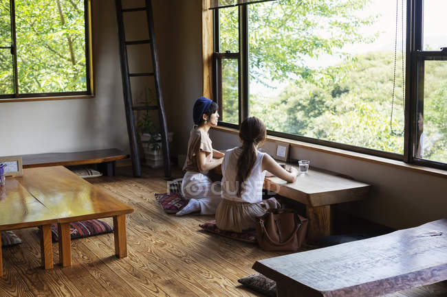Zwei Frauen sitzen an einem Tisch in einem japanischen Restaurant und essen. — Stockfoto