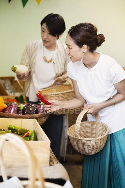 Japonesas comprando verduras frescas en una granja . - foto de stock