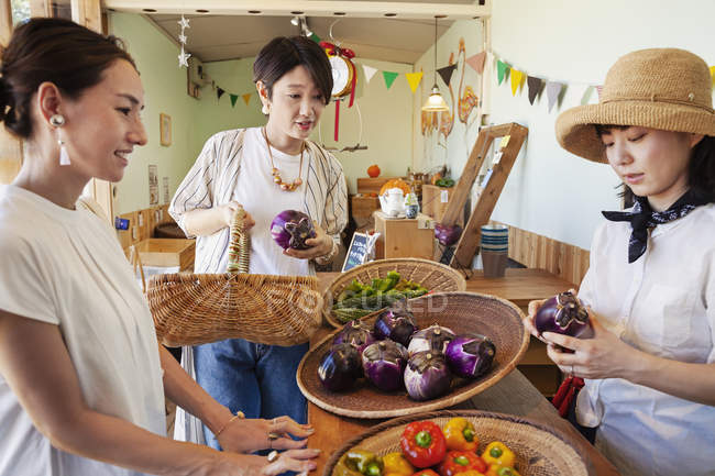 Japonesa mujer en sombrero trabajando en una granja tienda, sirviendo a clientes femeninos . - foto de stock