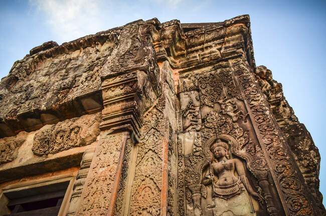 Ankor Wat, um templo histórico de Khmer do século XII e patrimônio mundial da UNESCO. Arcos e pedras esculpidas com grandes raízes espalhando-se pela alvenaria. — Fotografia de Stock