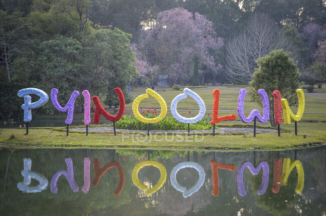 Cartas coloridas reflejadas en un lago de un parque en Myanmar. - foto de stock