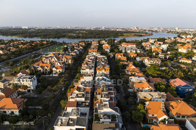 Aerial view over District 2 and beyond, Ho Chi Minh City, Vietnam. — Stock Photo