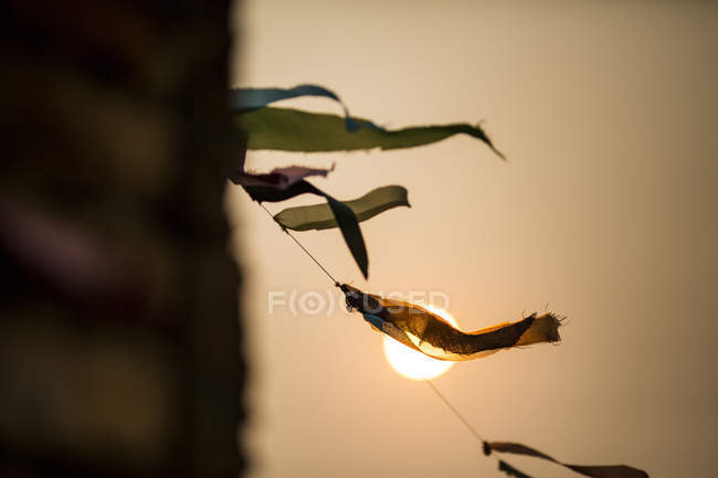 Angolo basso primo piano delle bandiere di preghiera che sventolano nel vento al tramonto . — Foto stock