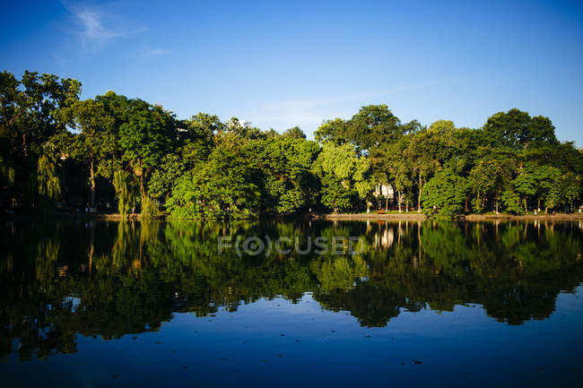 Árboles y cielo azul reflejados en un lago, Vietnam . - foto de stock