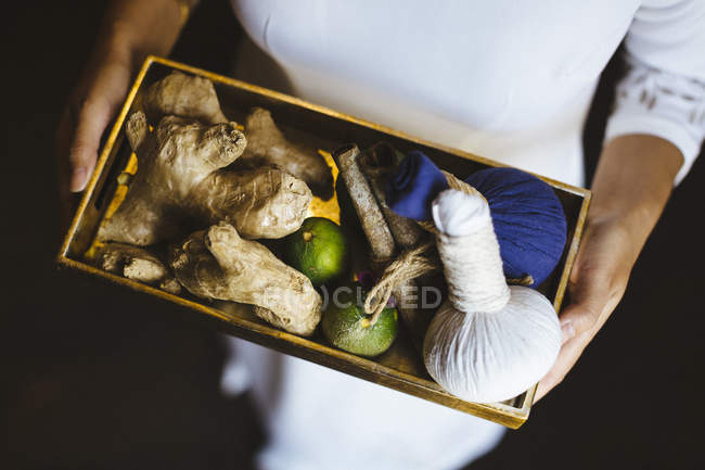 High angle view of person holding tray with fresh ginger and limes and herbal compresses. — Stock Photo