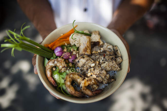 High angle close-up of person holding bowl with rice noodles with grilled pork, shrimps, and fish spring rolls. — Stock Photo