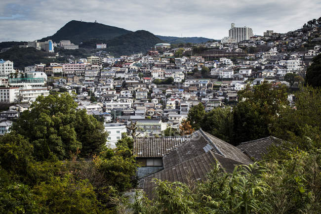 Aerial view of houses in cityscape of Nagasaki, Japan. — Stock Photo