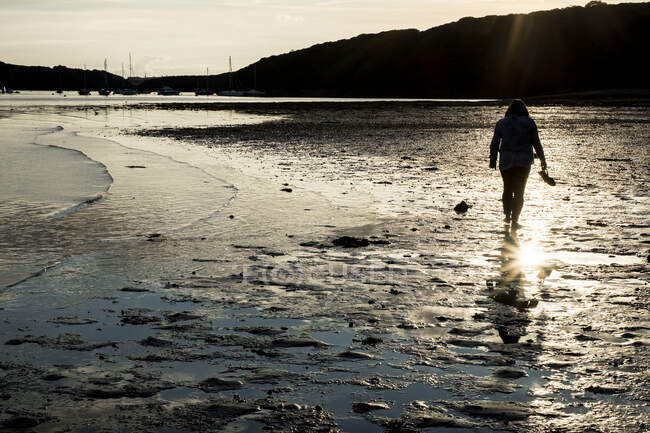 Visão traseira da mulher andando através de uma praia de areia ao pôr do sol, com veleiros e falésias na distância. — Fotografia de Stock