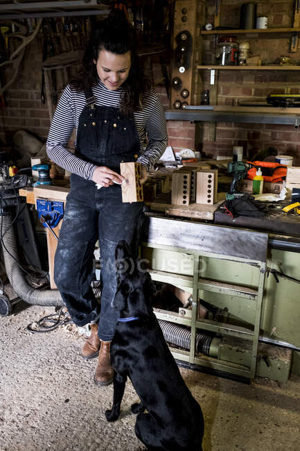 Woman with long brown hair wearing dungarees standing in wood workshop with black Labrador. — Stock Photo