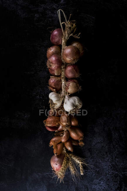 Alto angolo primo piano di stringa di cipolle e aglio su sfondo nero . — Foto stock