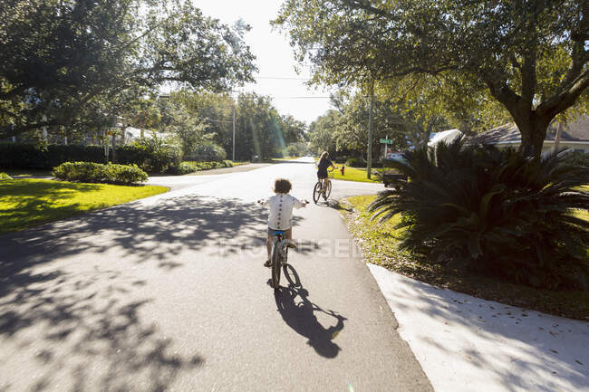 Crianças, adolescente e seu irmão pedalando em uma estrada suburbana — Fotografia de Stock