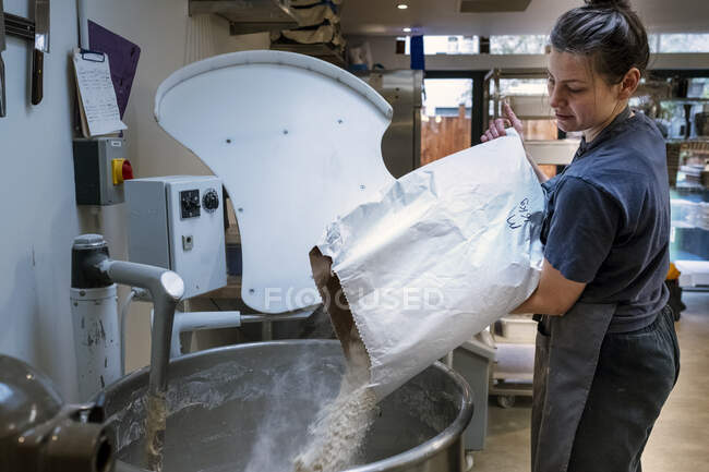Donna che indossa grembiule in piedi in una panetteria artigianale, versando farina nel mixer industriale . — Foto stock