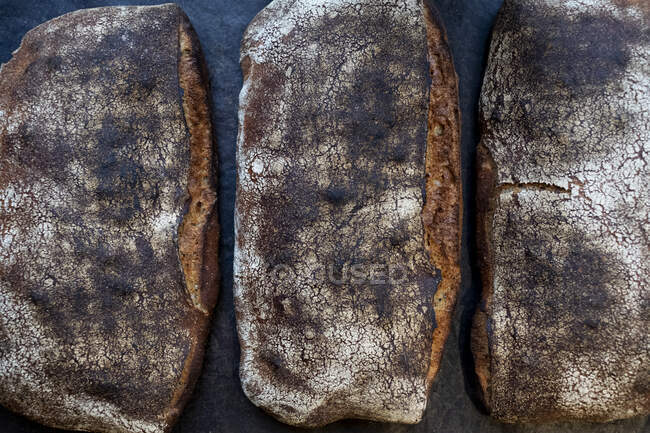 Высокий угол закрытия трех свежеиспеченных хлебов в ремесленной пекарне
. — стоковое фото