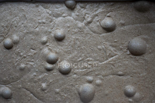 High angle close up of bread dough with air bubbles in an artisan bakery. — Stock Photo