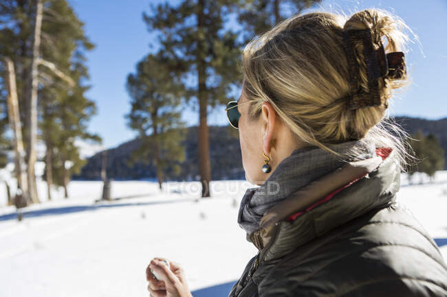 Frau blickt auf eine wunderschöne Schneelandschaft mit Kiefern. — Stockfoto