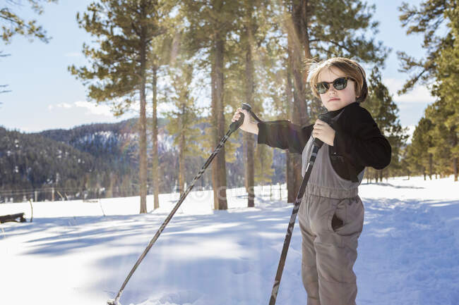 Bambino di sei anni nel bosco azienda bastoni da sci — Foto stock