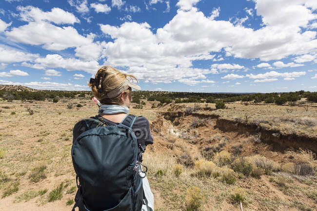 Rear view of adult woman looking at Galisteo Basin, NM. — Stock Photo