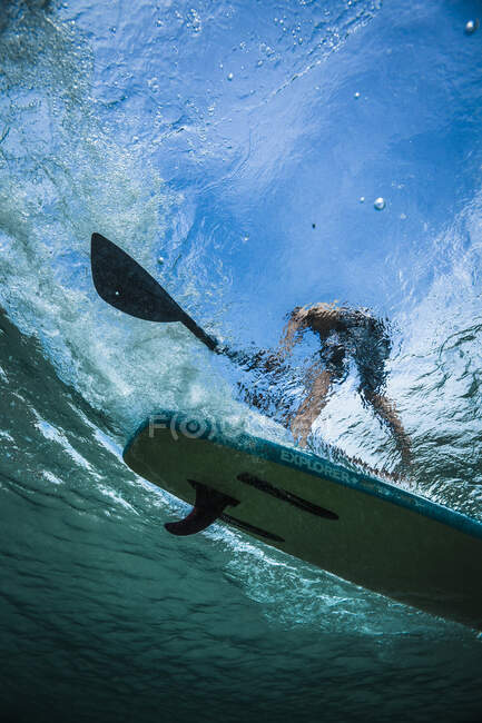 Shot of a person on a paddleboard taken from underwater. — Stock Photo