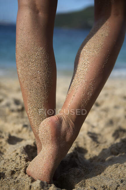 Vue arrière section basse de la personne debout pieds nus sur une plage de sable. — Photo de stock
