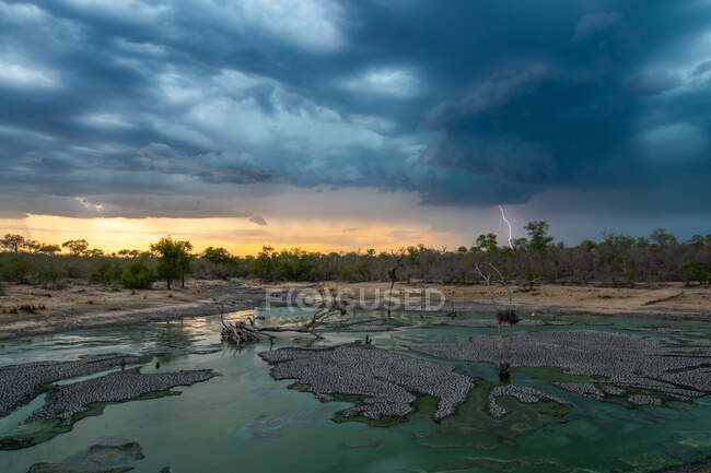 Landschaft mit Wasserloch im Vordergrund und Sonnenuntergang mit dunklen Wolken, Regen und Blitz im Hintergrund — Stockfoto