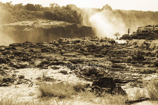 Chutes Victoria du côté de la Zambie, gorge profonde de la rivière avec des côtés verticaux et brouillard de l'eau qui tombe. — Photo de stock
